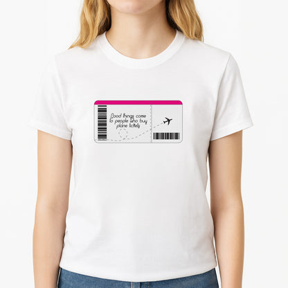 Buy Plane Tickets - Travel Unisex T-Shirt, worn by a female model