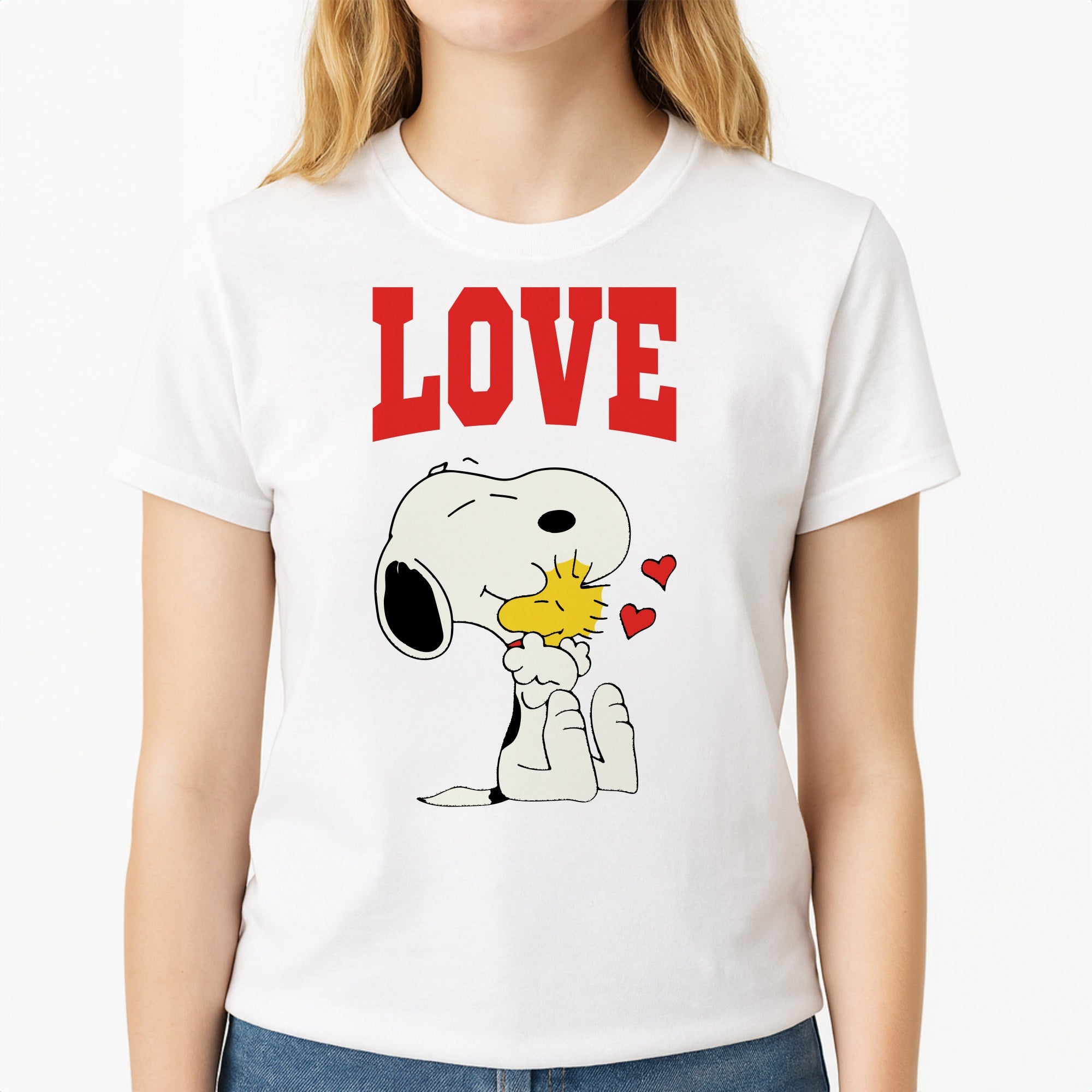 Love Cartoon Beagle  Unisex T-Shirt, worn by a female model