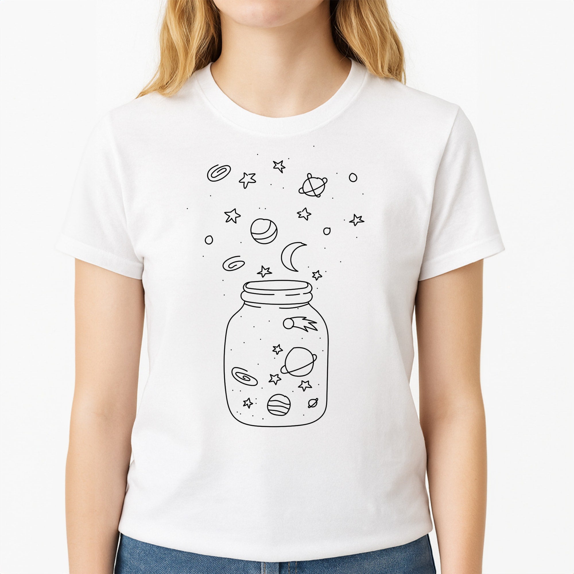 Space Jar Unisex T-Shirt, worn by a female model