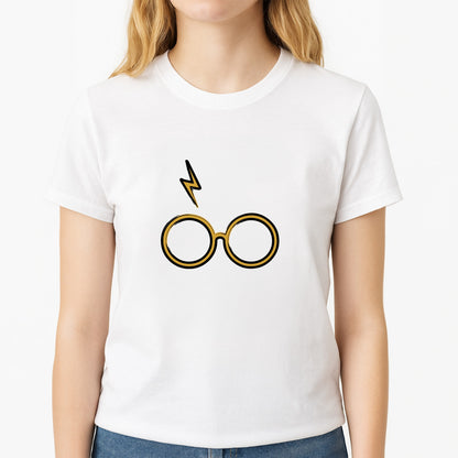 Glasses & Scar Unisex T-Shirt, worn by a female model