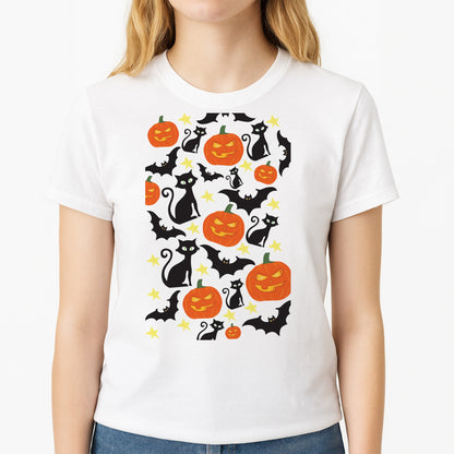 Pumpkin And Cats - Halloween Unisex T-Shirt, worn by a female model