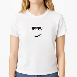 Yellow Face Shades Unisex T-Shirt, worn by a female model
