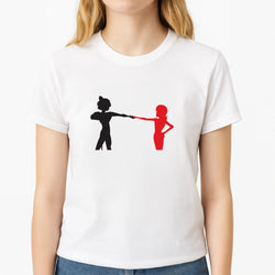 Red And Black Unisex T-Shirt, worn by a female model