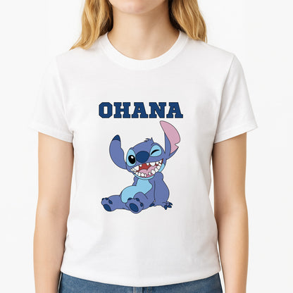 Blue Alien Ohana Unisex T-Shirt, worn by a female model
