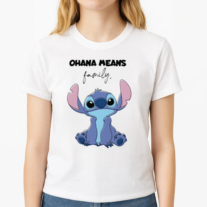 Ohana Means Family Pink Unisex T-Shirt, worn by a female model
