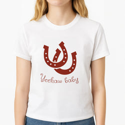 Yee-Haw Baby  Unisex T-Shirt, worn by a female model