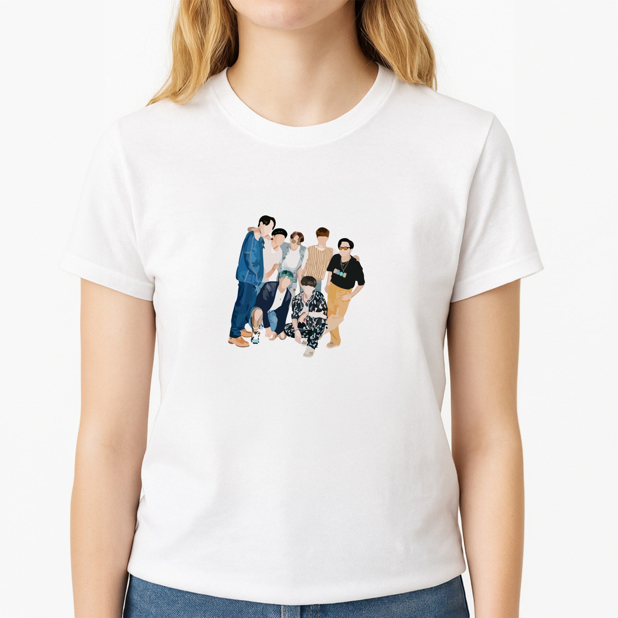 Casual K-Pop Band Band Unisex T-Shirt, worn by a female model