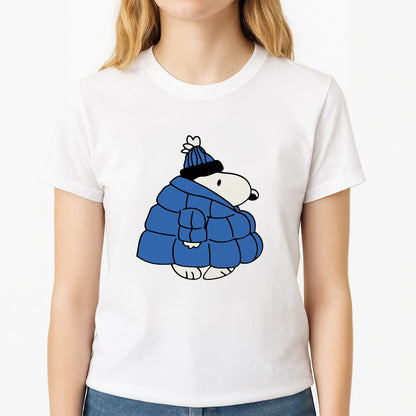 Cartoon Beagle Puffer Jacket Blue Unisex T-Shirt, worn by a female model