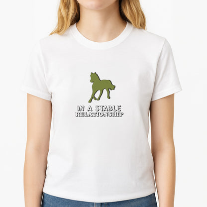 In A Stable Relationship - Horses Unisex T-Shirt, worn by a female model
