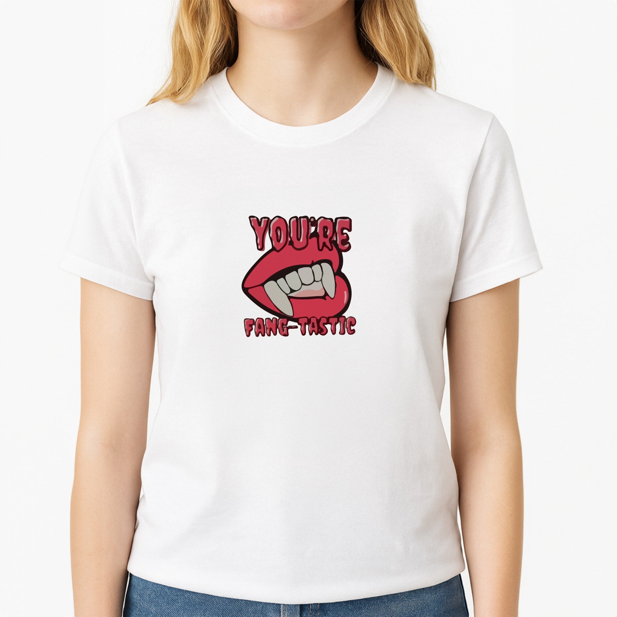 You're Fang-Tastic - Halloween Unisex T-Shirt, worn by a female model