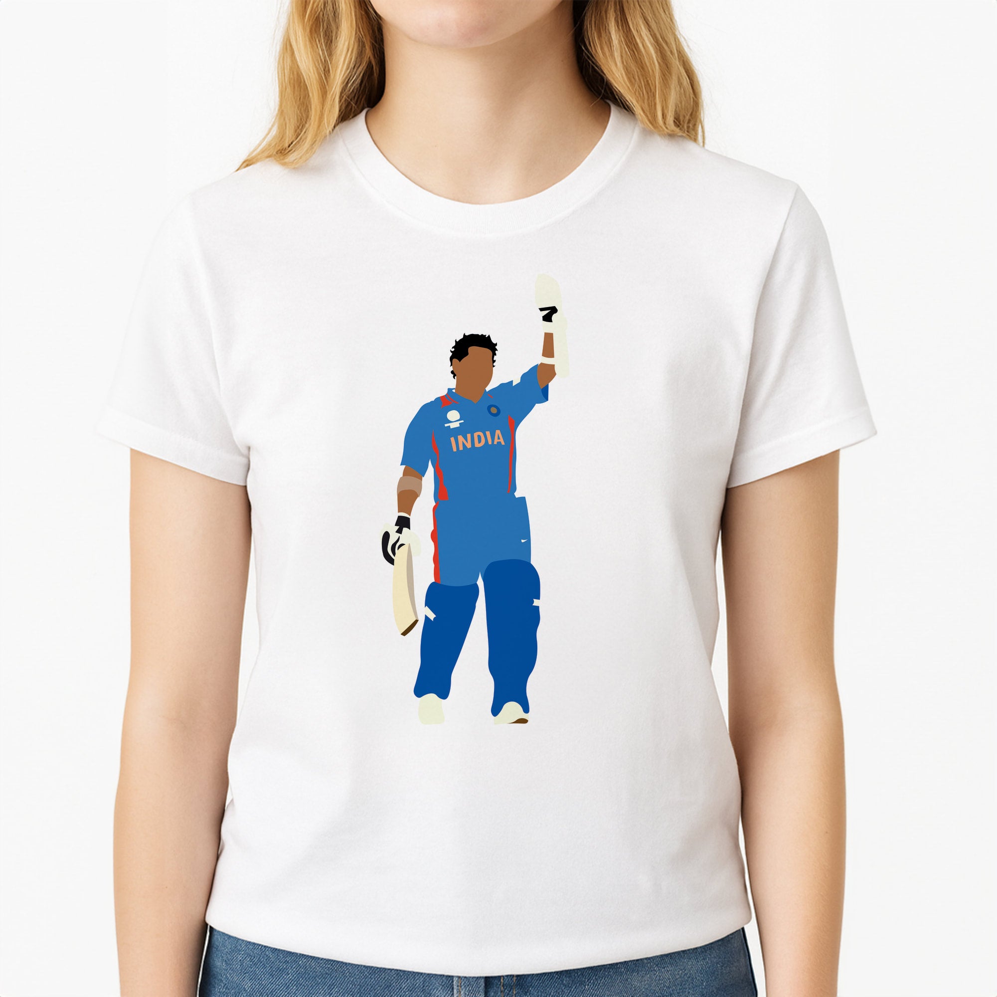 Tendulkar - Cricket Unisex T-Shirt, worn by a female model