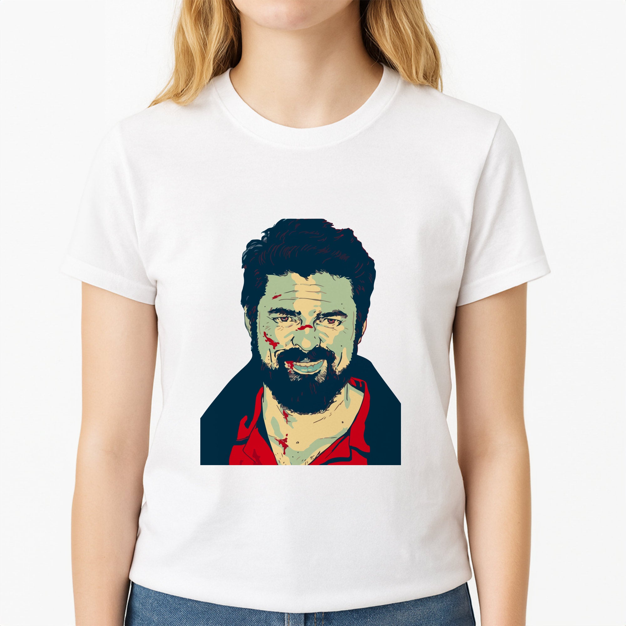 Billy Butcher Face Unisex T-Shirt, worn by a female model