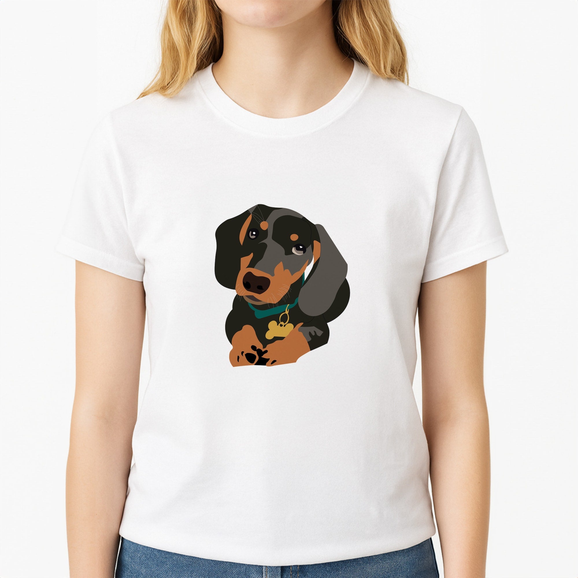 Black & brown - Dachshunds Unisex T-Shirt, worn by a female model