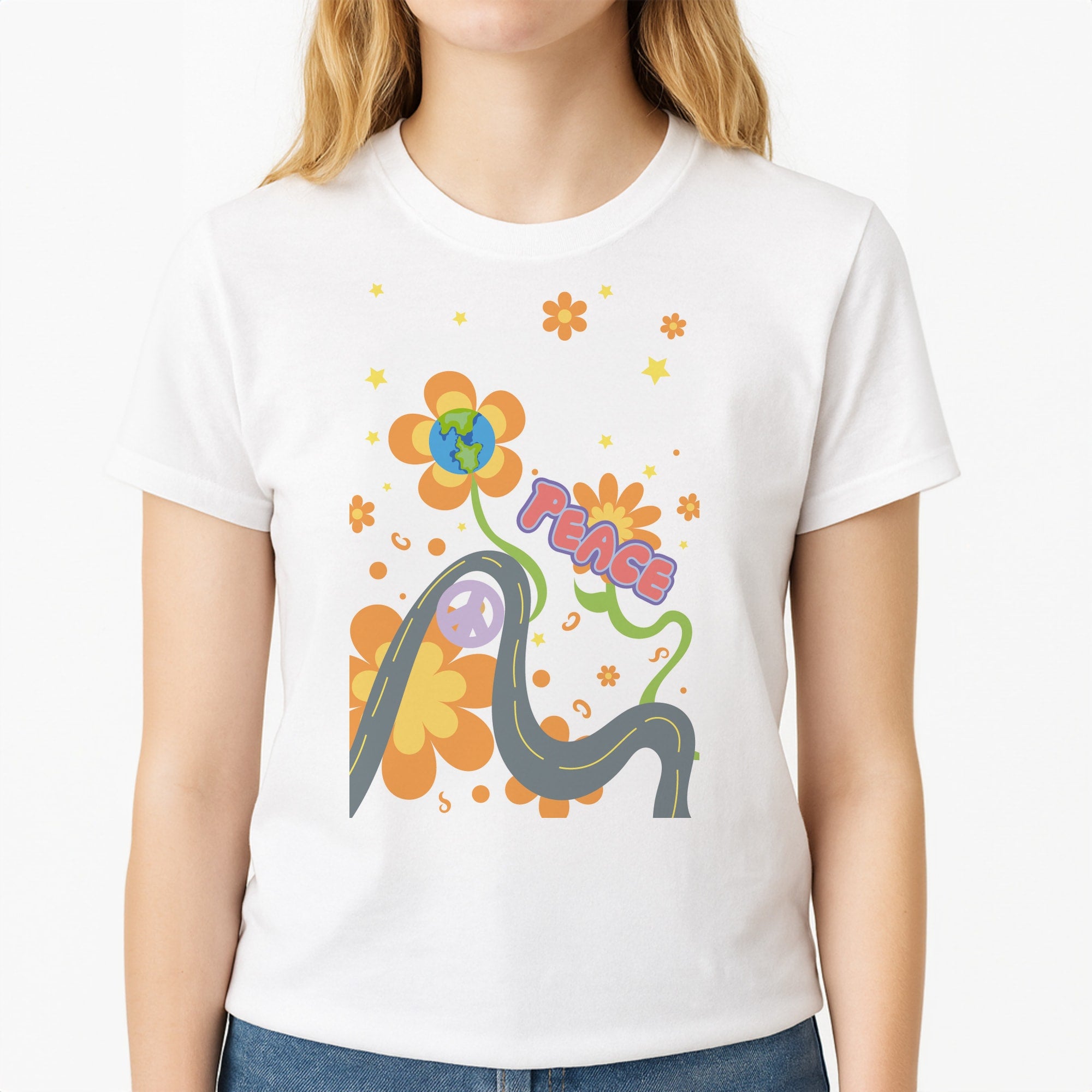 Peace - Cars Unisex T-Shirt, worn by a female model
