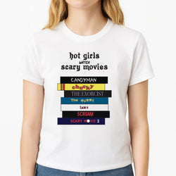 Hot Girls Watch Scary Movies Unisex T-Shirt, worn by a female model