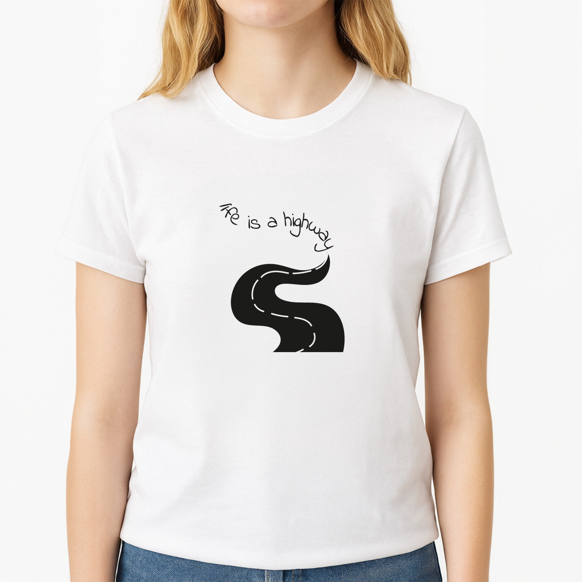 Life Is A Highway - Cars Unisex T-Shirt, worn by a female model