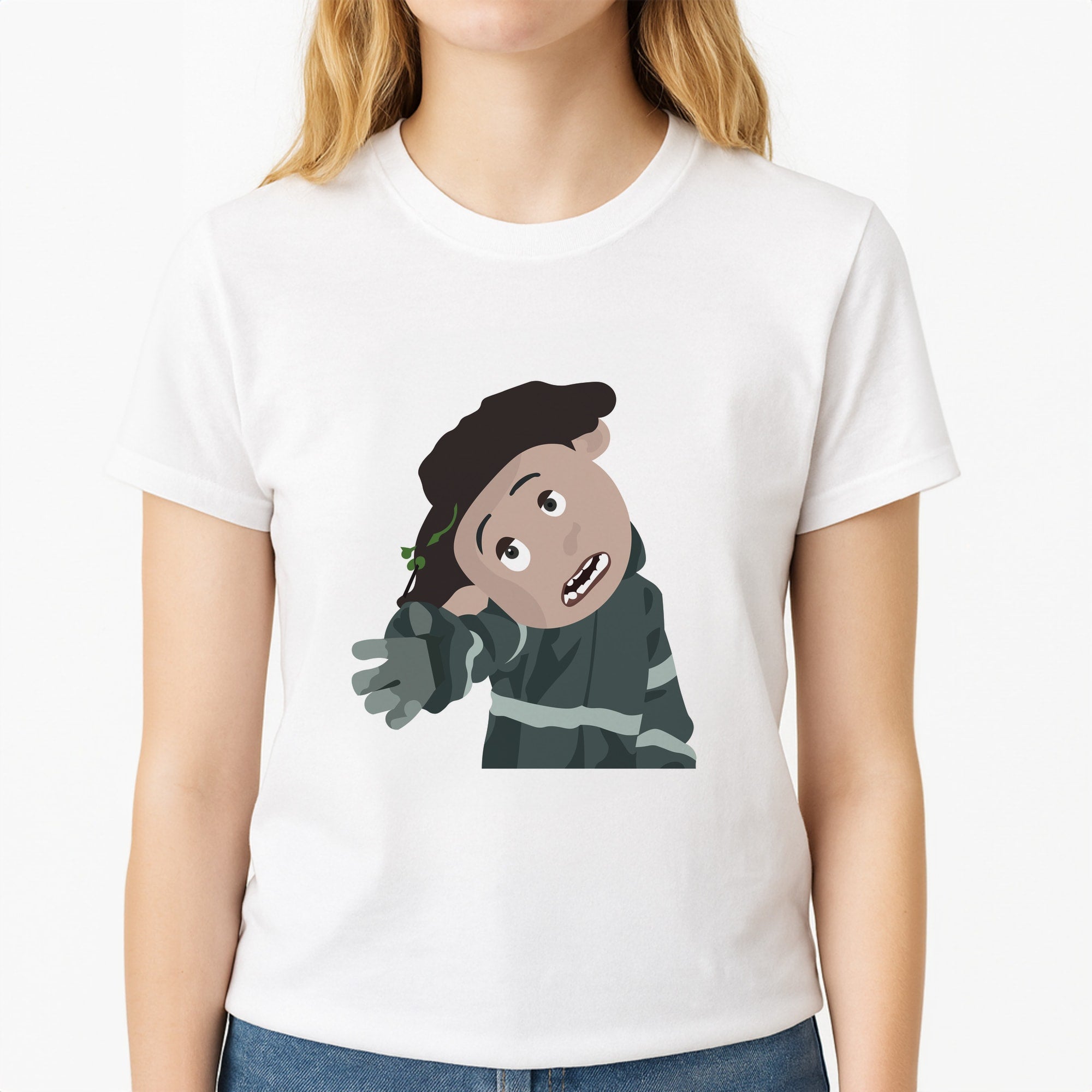 Wybie Lovat Unisex T-Shirt, worn by a female model