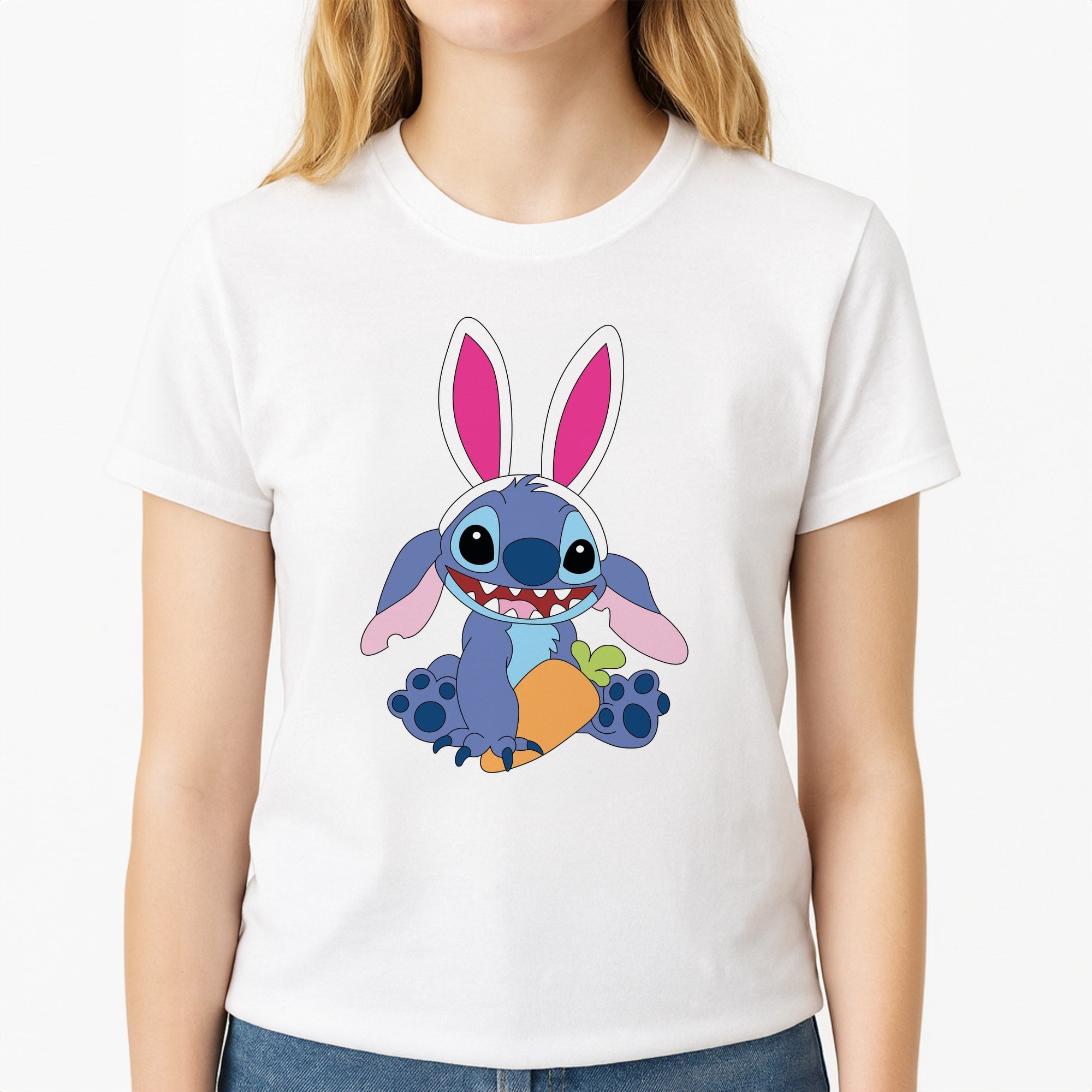 Easter Bunny Blue Alien Unisex T-Shirt, worn by a female model