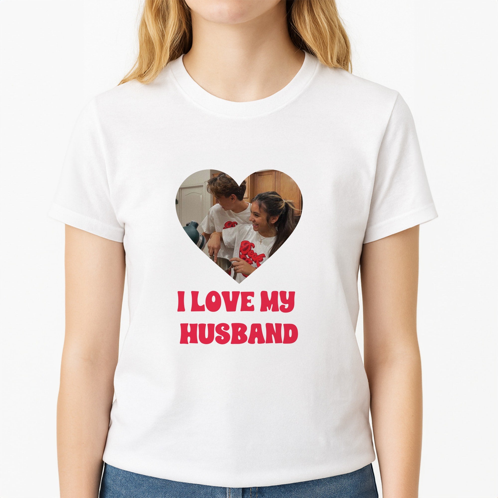 I Love My Husband - Personalised Couples Unisex T-Shirt, worn by a female model