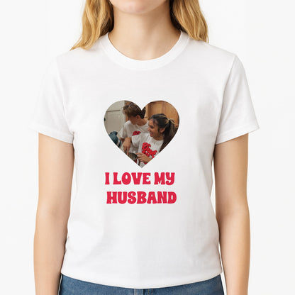 I Love My Husband - Personalised Couples Unisex T-Shirt, worn by a female model