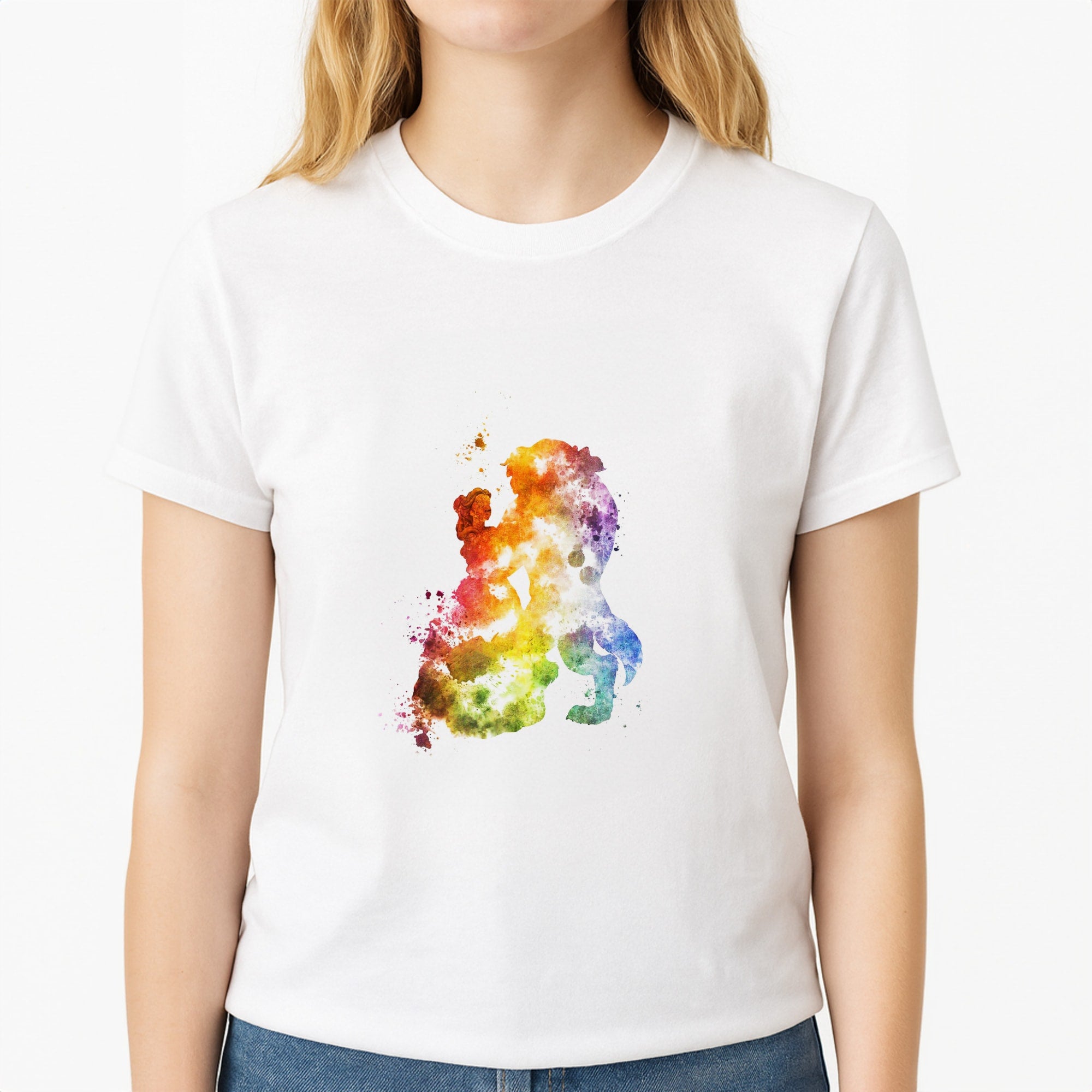 Watercolour Beauty Fairytale Unisex T-Shirt, worn by a female model