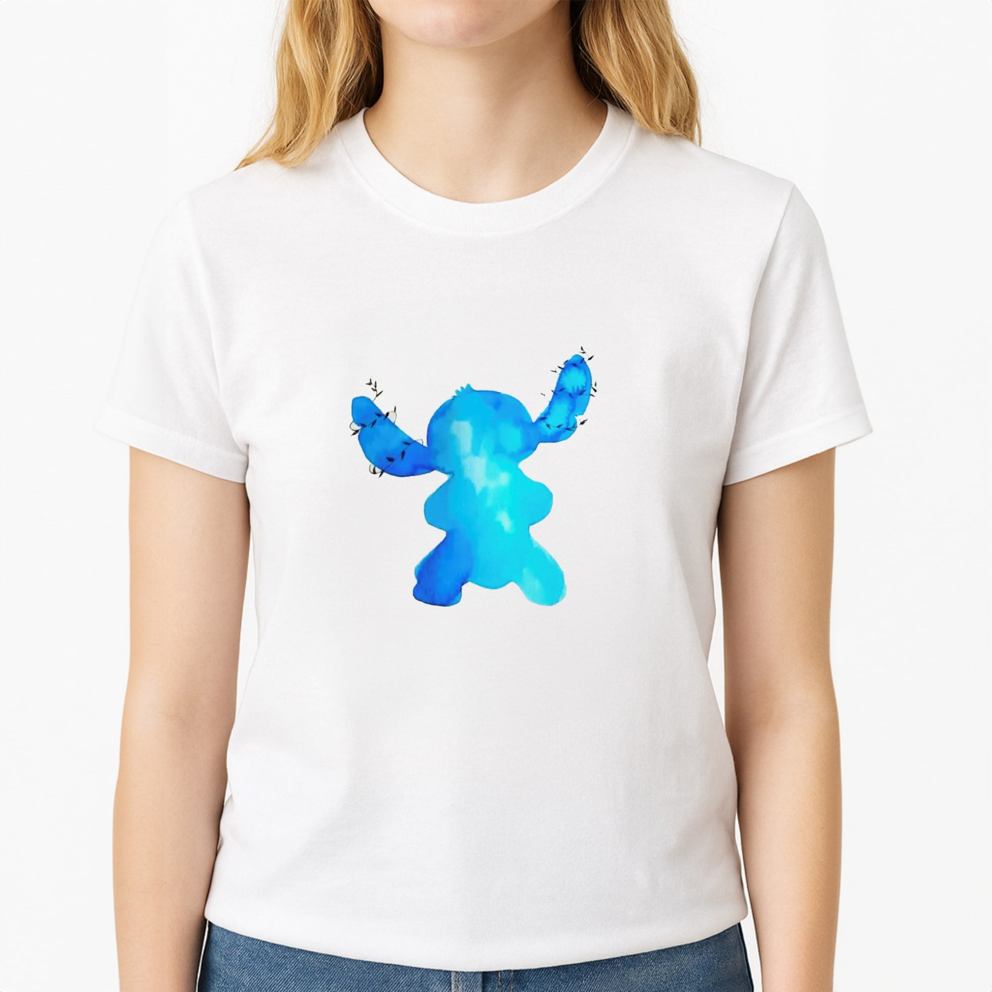 Watercolour Blue Alien Disney Unisex T-Shirt, worn by a female model