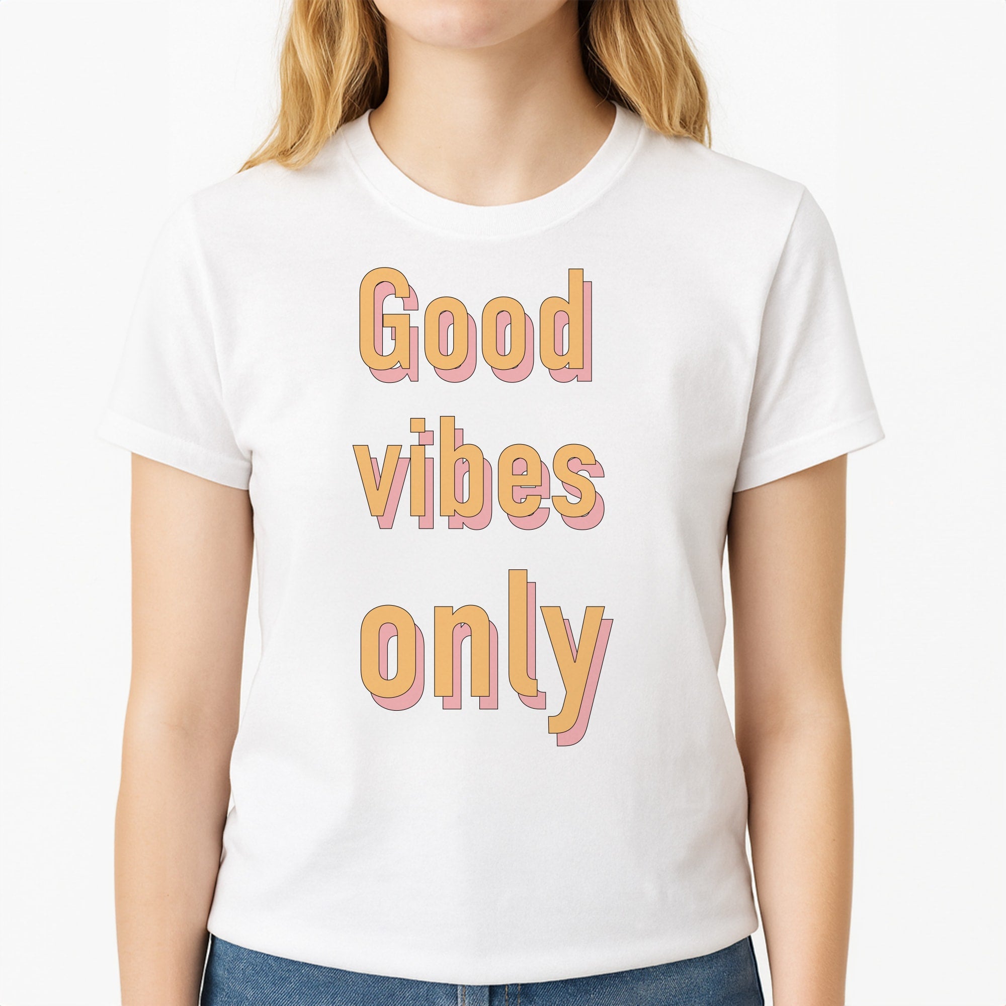 Good Vibes Only Unisex T-Shirt, worn by a female model