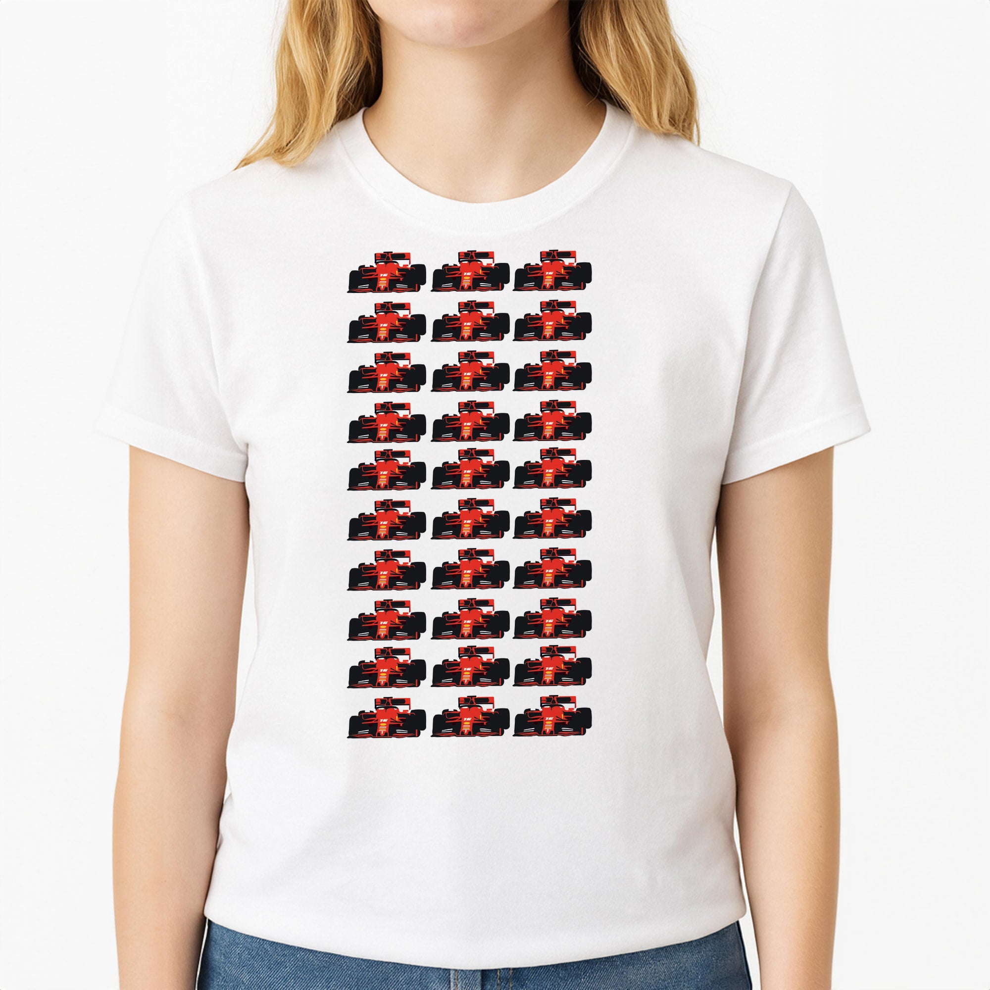 F1 Car Collage Unisex T-Shirt, worn by a female model