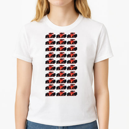 F1 Car Collage Unisex T-Shirt, worn by a female model