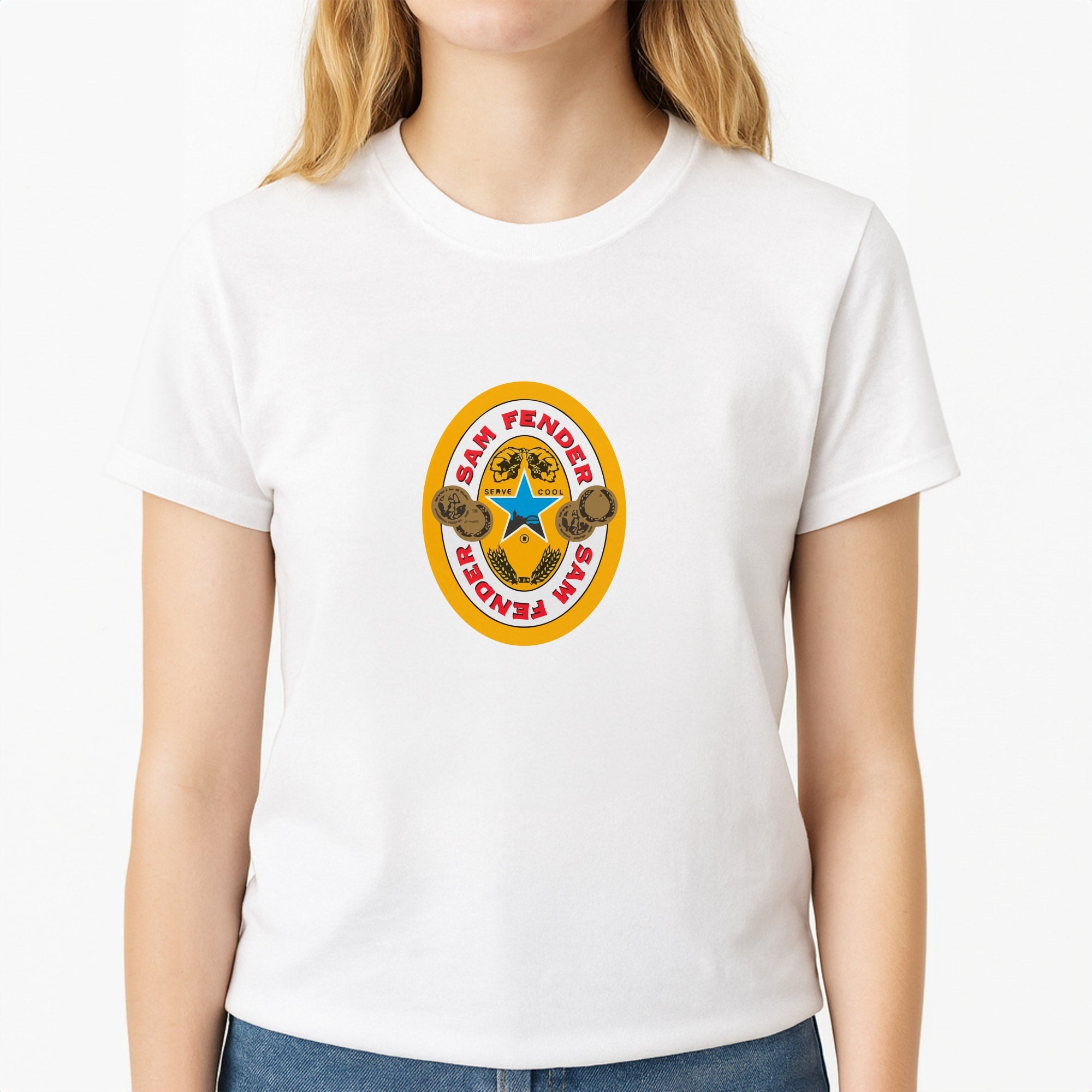 Fender Badge Unisex T-Shirt, worn by a female model