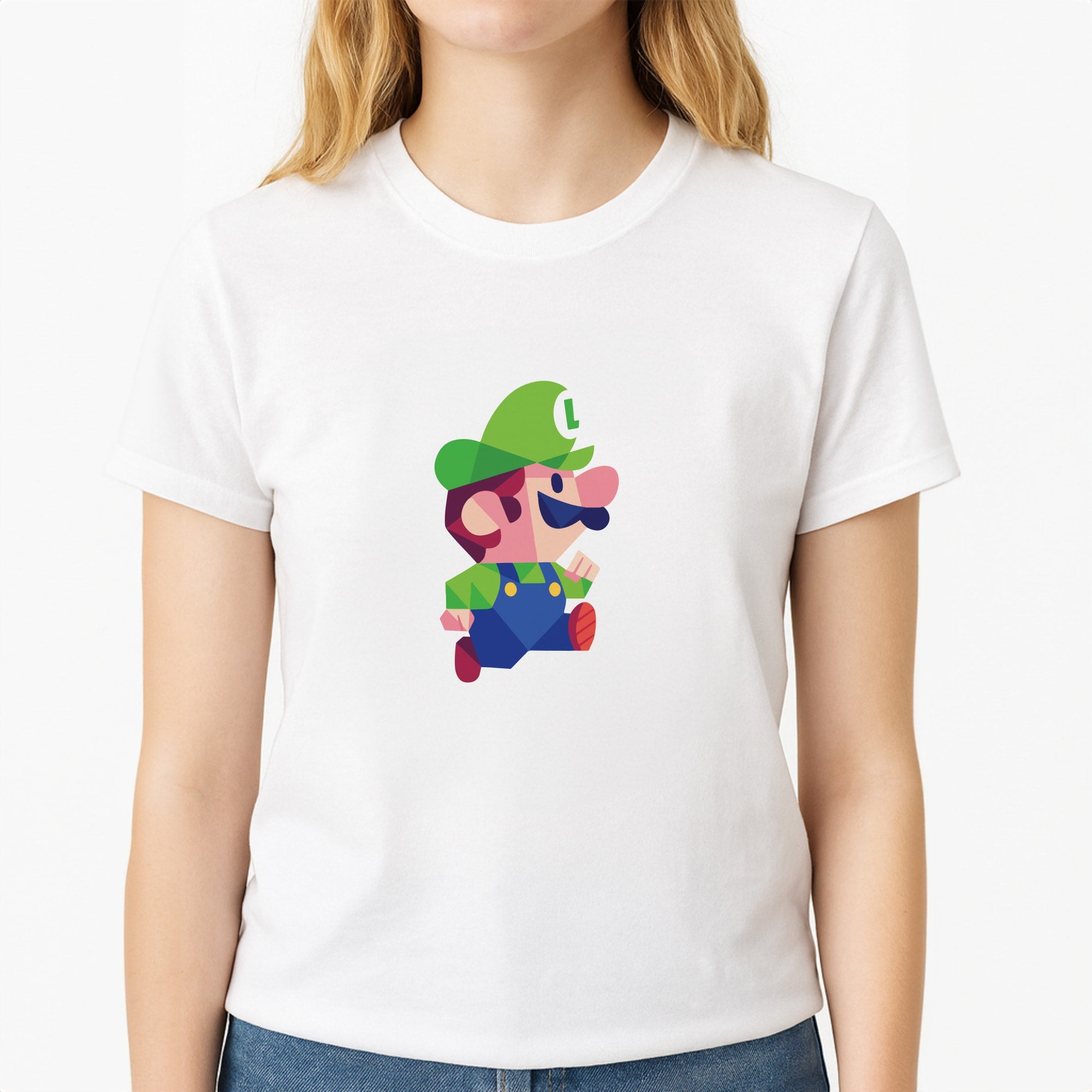 Running Luigi - Mario Unisex T-Shirt, worn by a female model