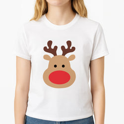 Rudolph Face - Christmas Unisex T-Shirt, worn by a female model