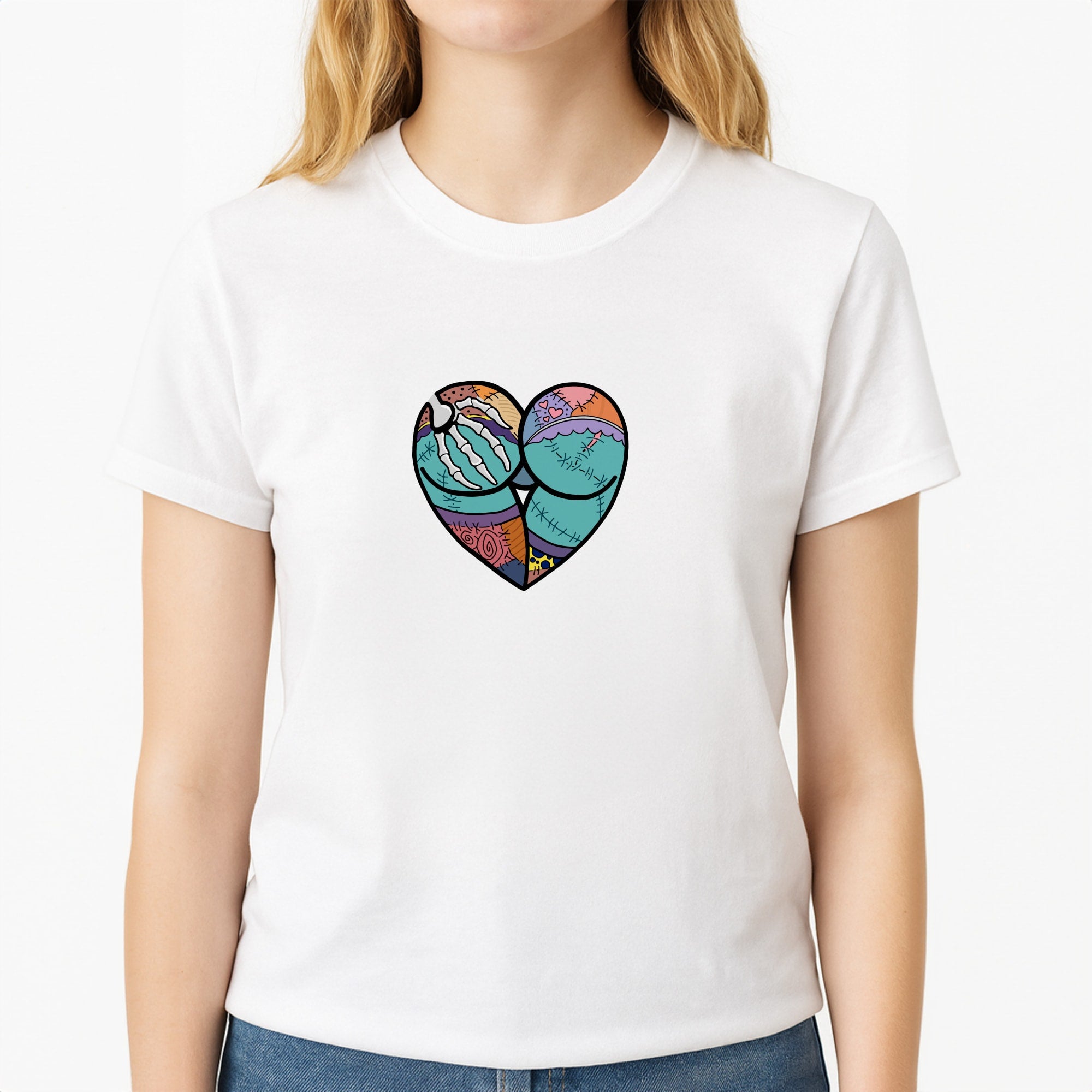 Sally And Jack Heart - TNBC Unisex T-Shirt, worn by a female model