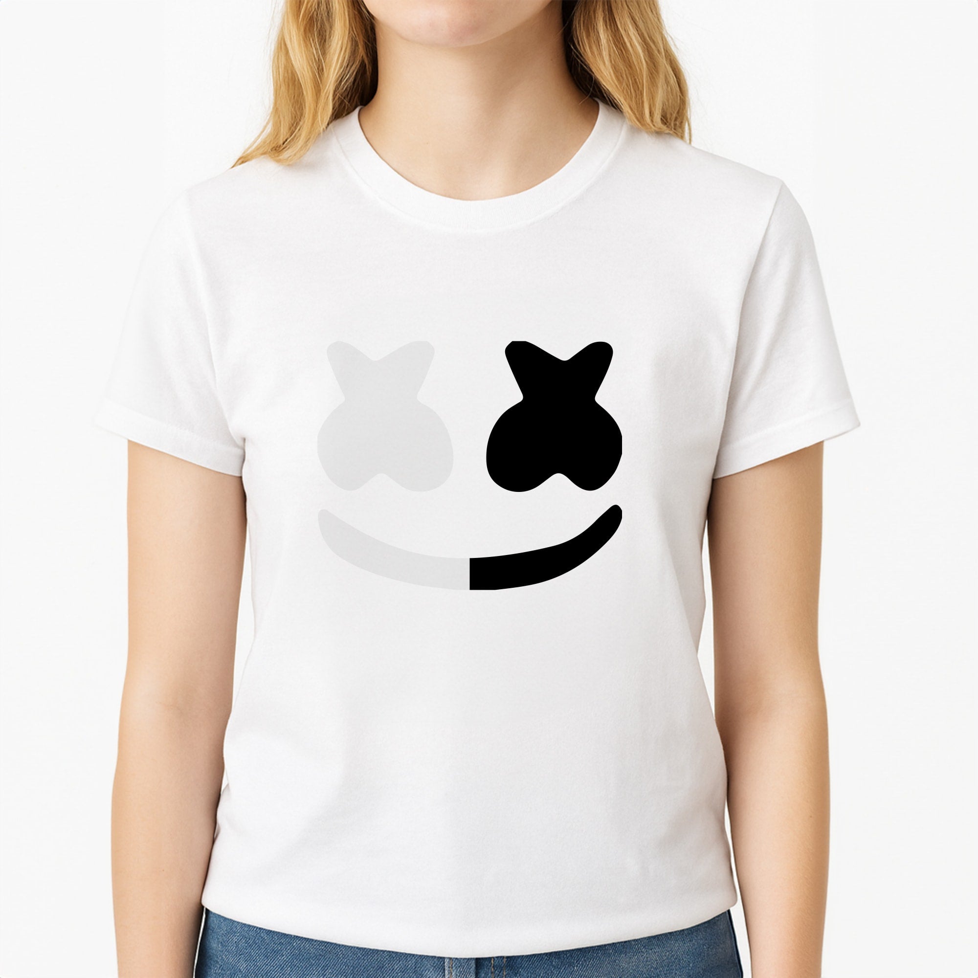Dual Sides Helmet DJ  Unisex T-Shirt, worn by a female model
