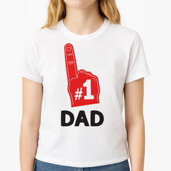 #1 Dad Foam Finger Unisex T-Shirt, worn by a female model