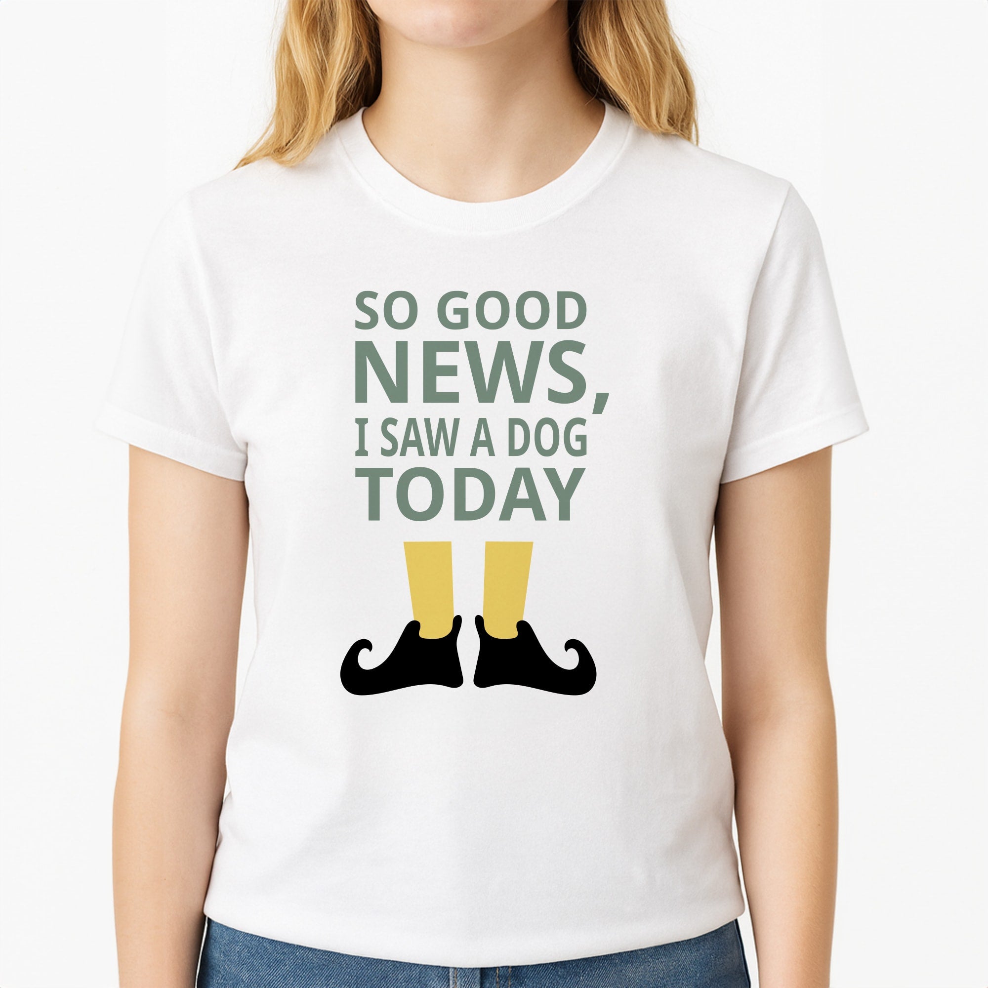 I Saw A Dog Today - Elf Unisex T-Shirt, worn by a female model