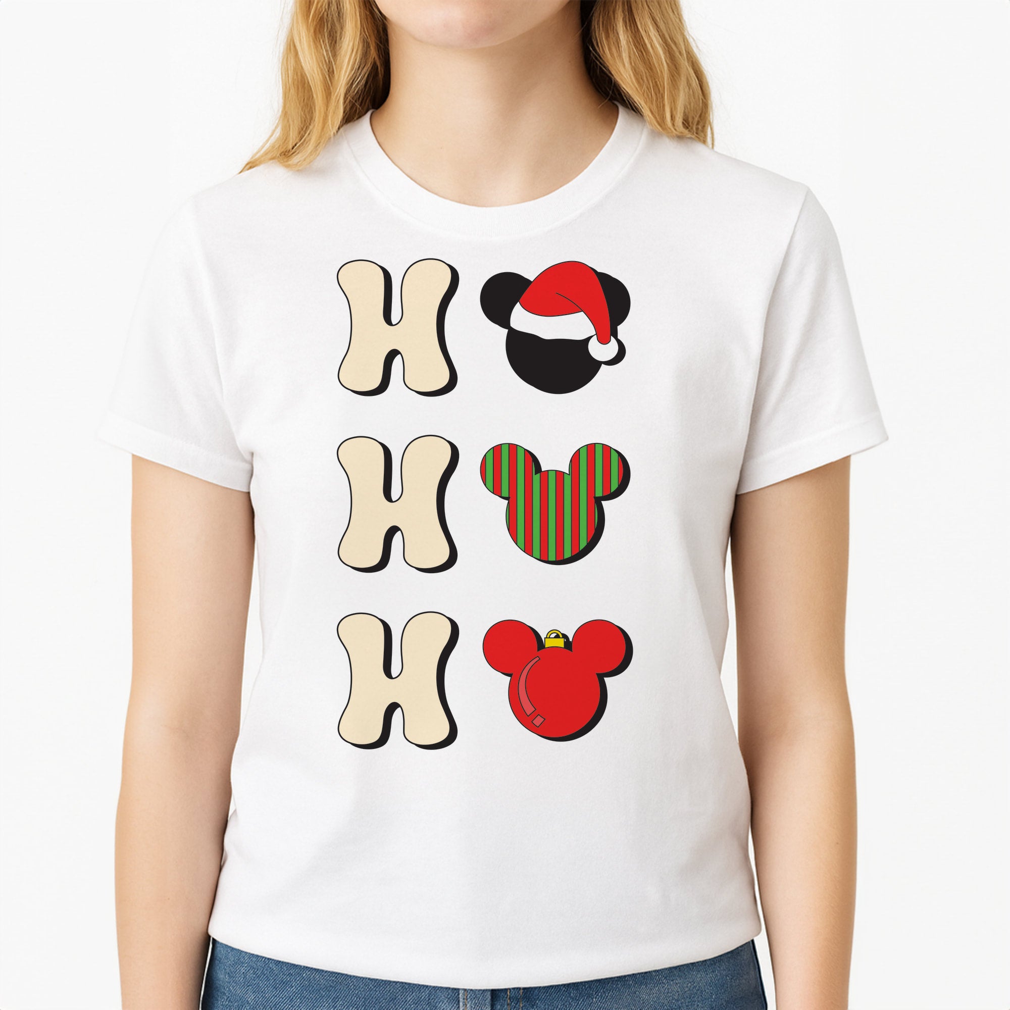 Ho Ho Ho Mickey Unisex T-Shirt, worn by a female model