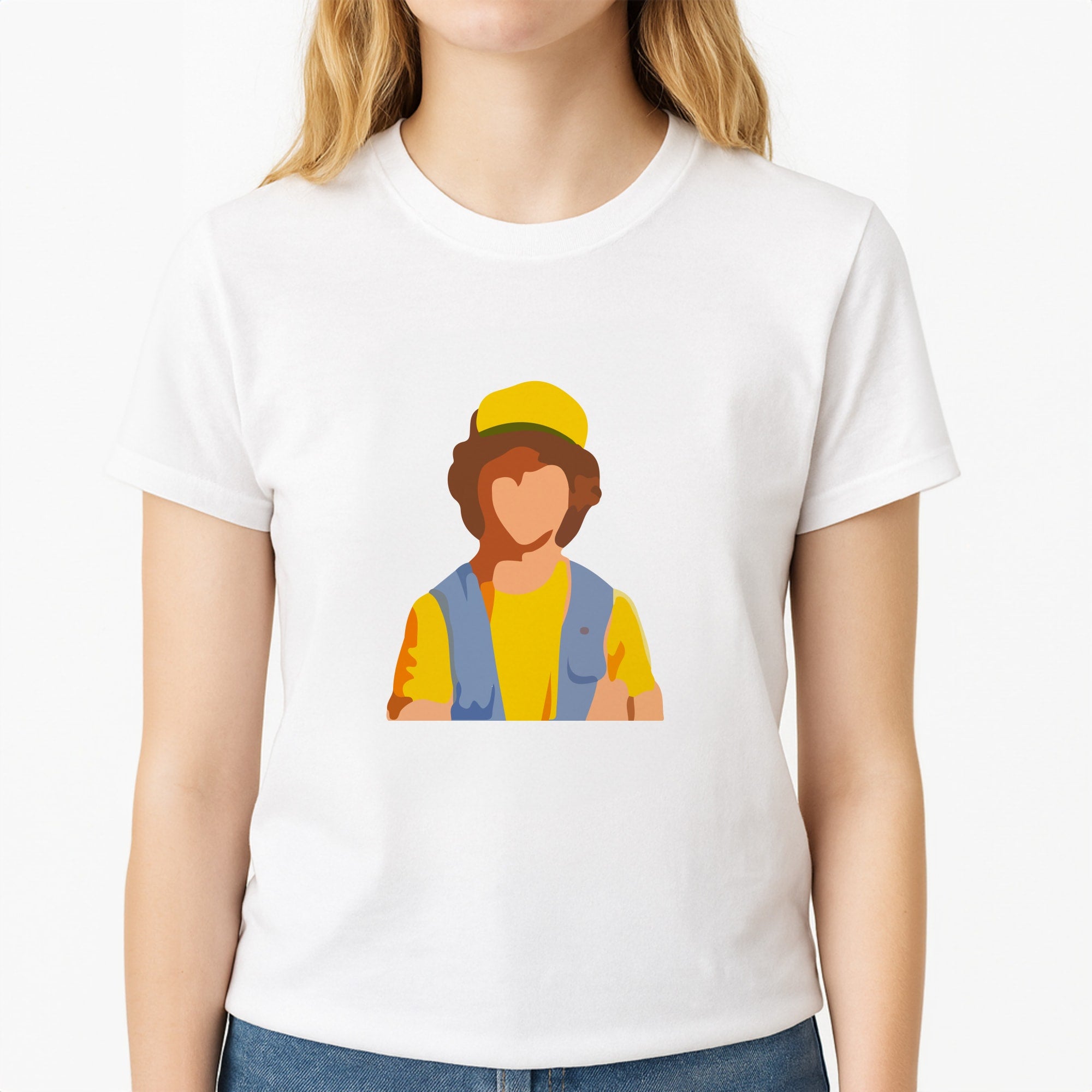 Faceless Dustin - Stranger Things Unisex T-Shirt, worn by a female model