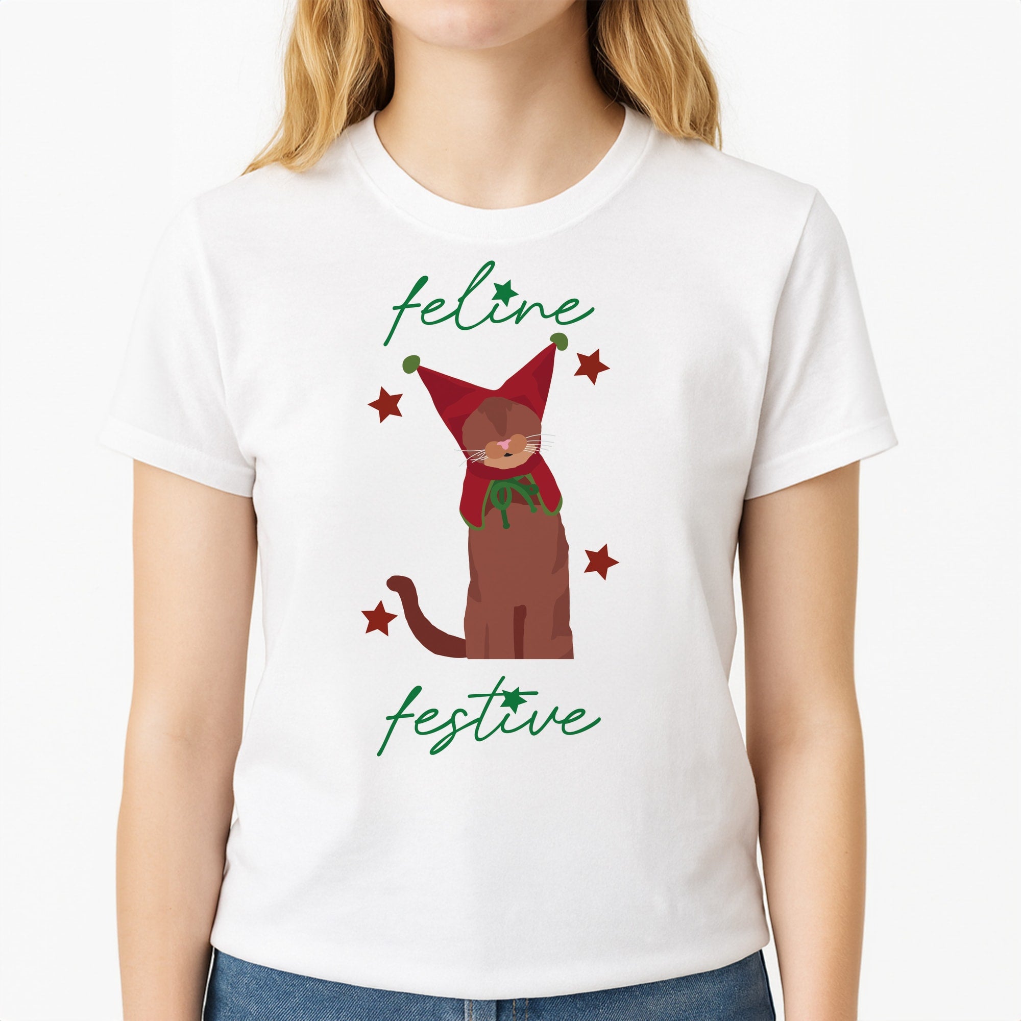 Feline Festive  Unisex T-Shirt, worn by a female model