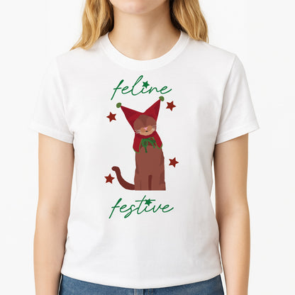 Feline Festive  Unisex T-Shirt, worn by a female model