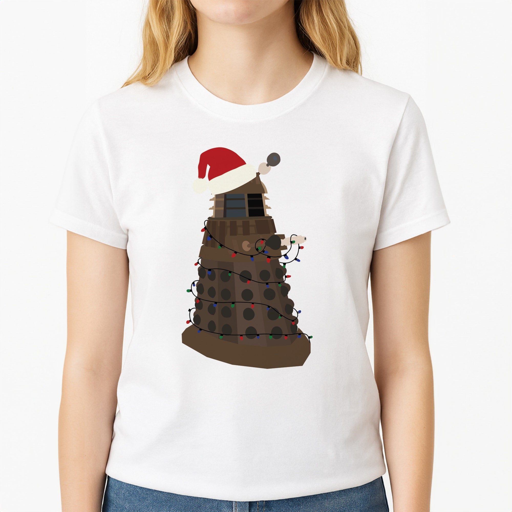Christmas Dalek - Doctor Who Unisex T-Shirt, worn by a female model