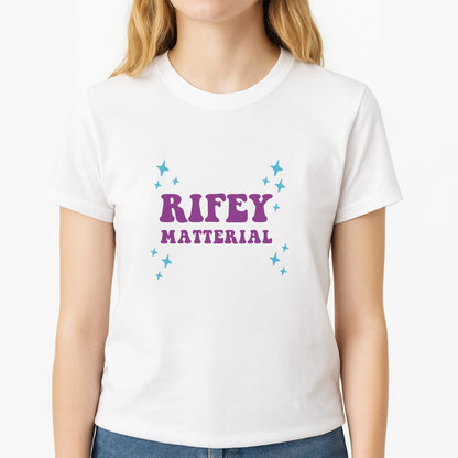 Rifey Material Unisex T-Shirt, worn by a female model