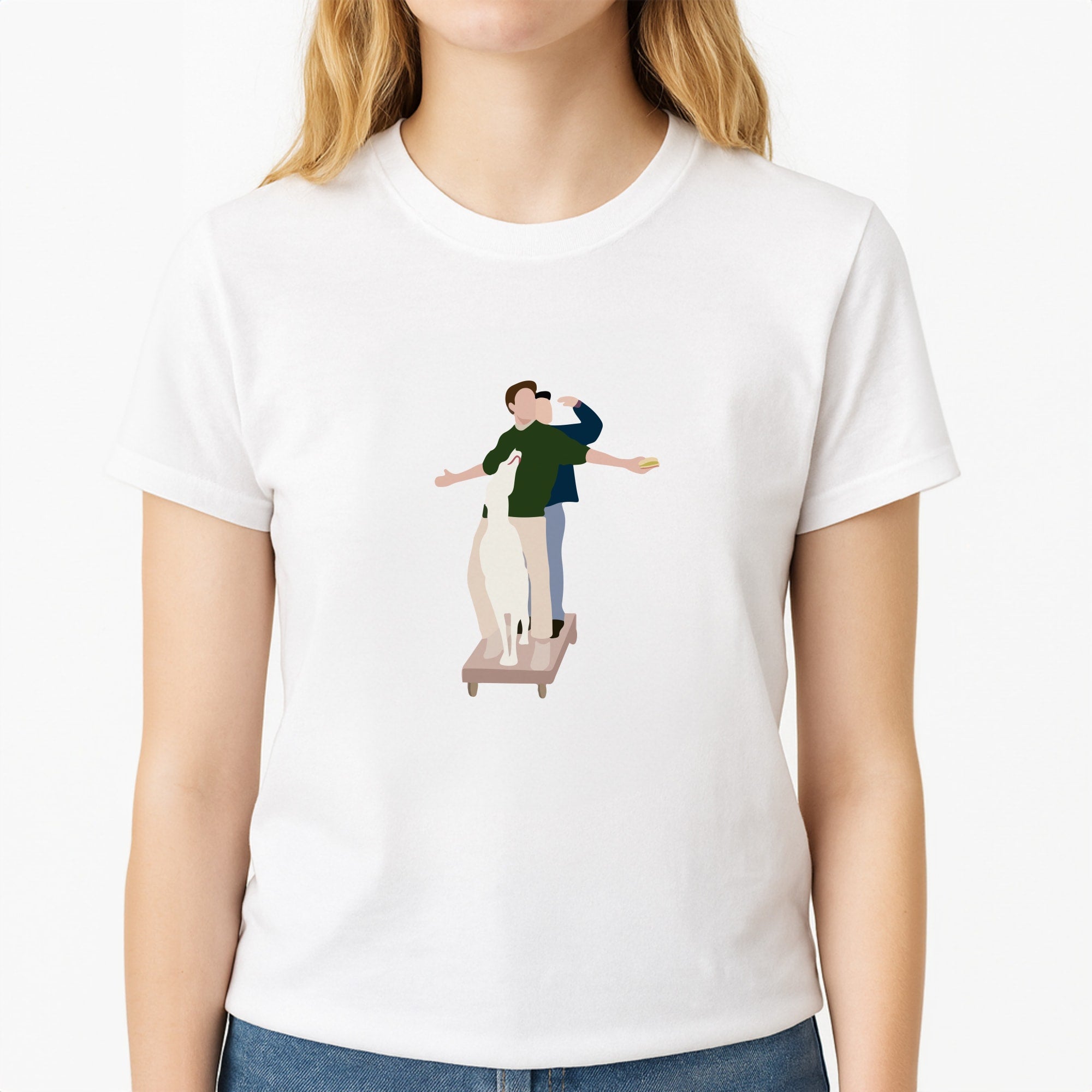 Two Men And A Dog Unisex T-Shirt, worn by a female model
