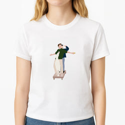 Two Men And A Dog Unisex T-Shirt, worn by a female model