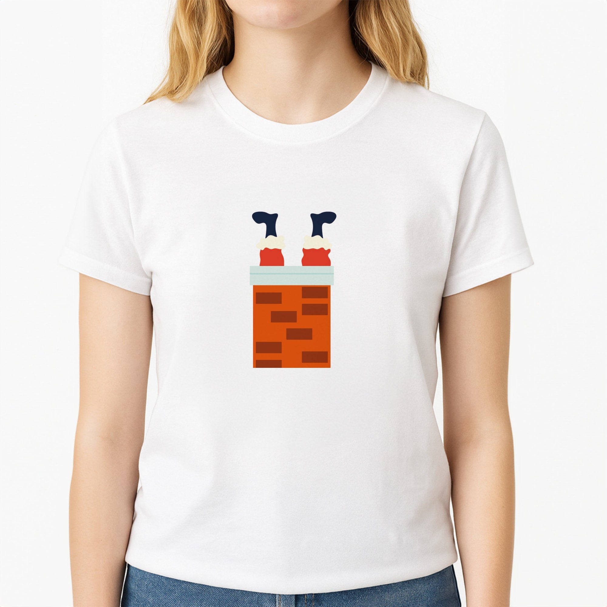 Santa Stuck In A Chimney - Christmas Unisex T-Shirt, worn by a female model