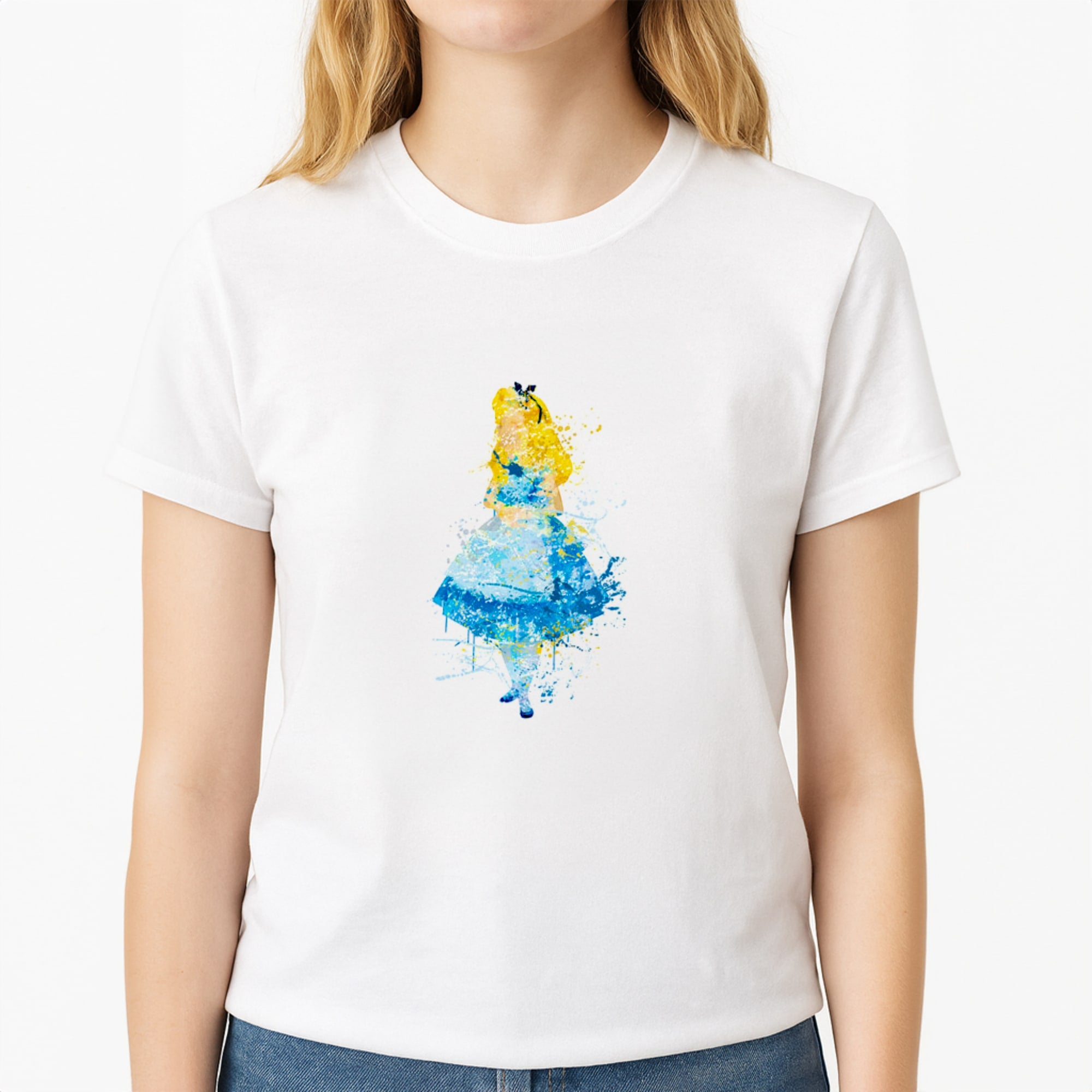 Watercolour Alice in Wonderland Fairytale Unisex T-Shirt, worn by a female model