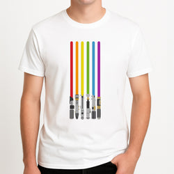 Lightsabers Unisex T-Shirt, worn by a male model.