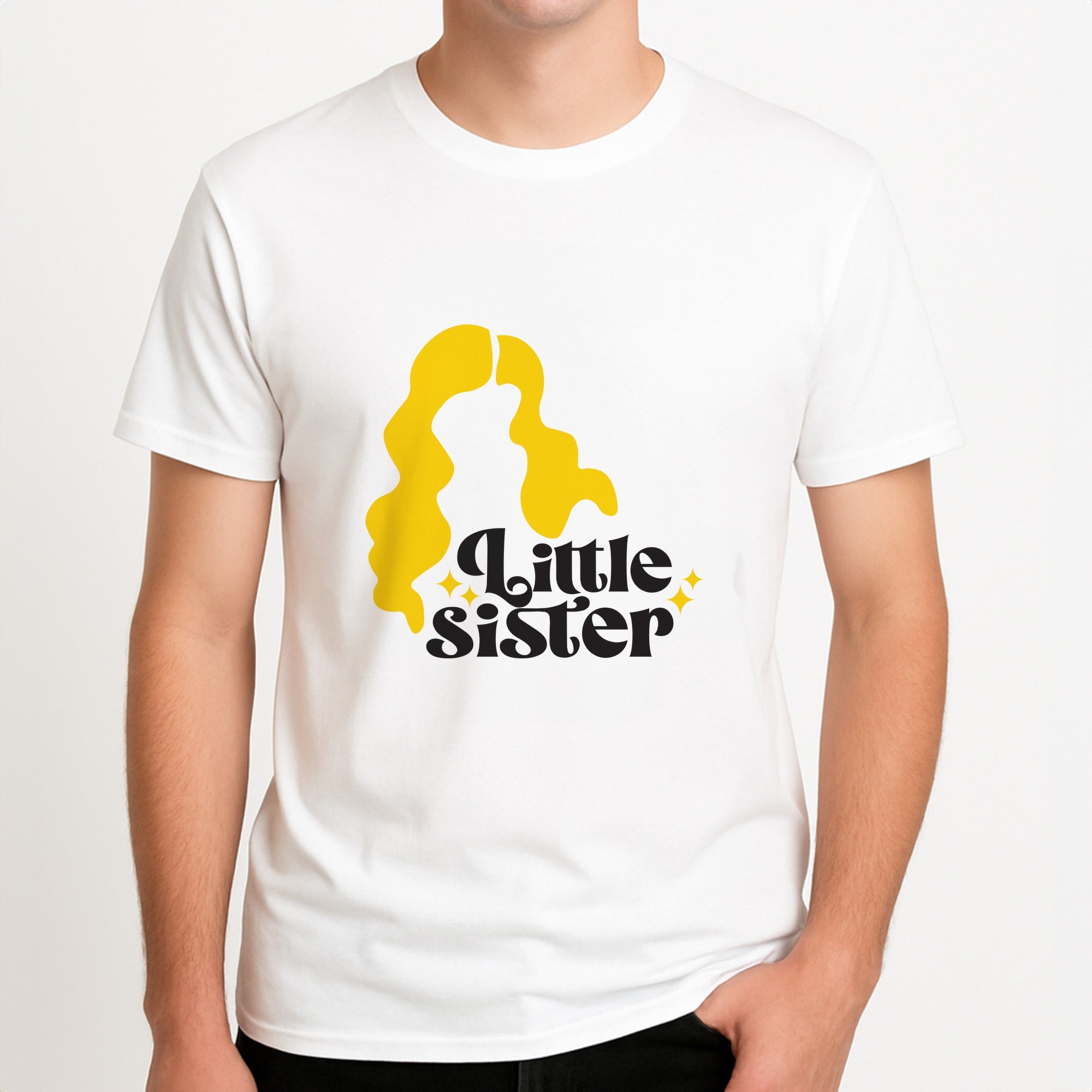 Little Sister - Hocus Halloween Unisex T-Shirt, worn by a male model.