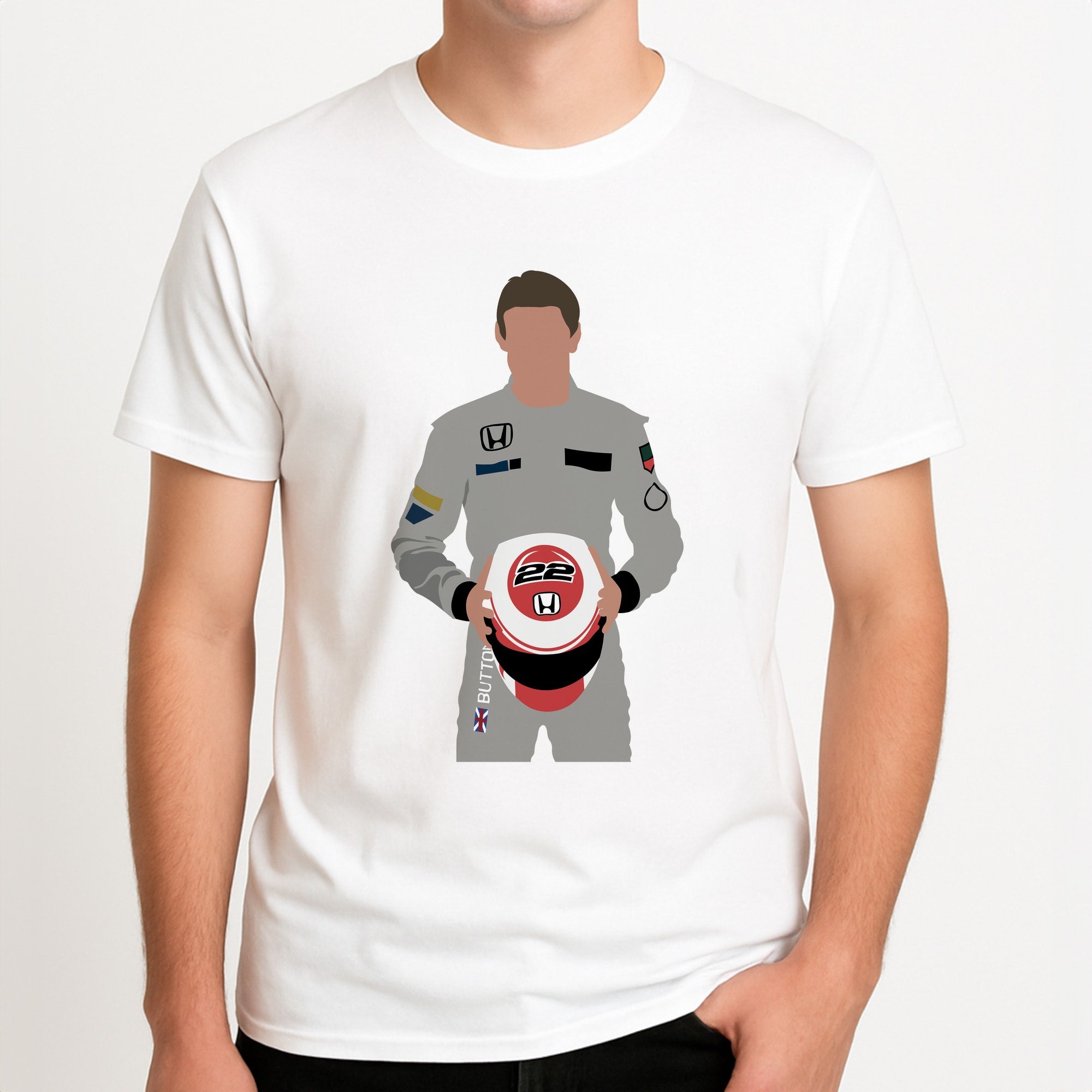 Button - F1 Unisex T-Shirt, worn by a male model.