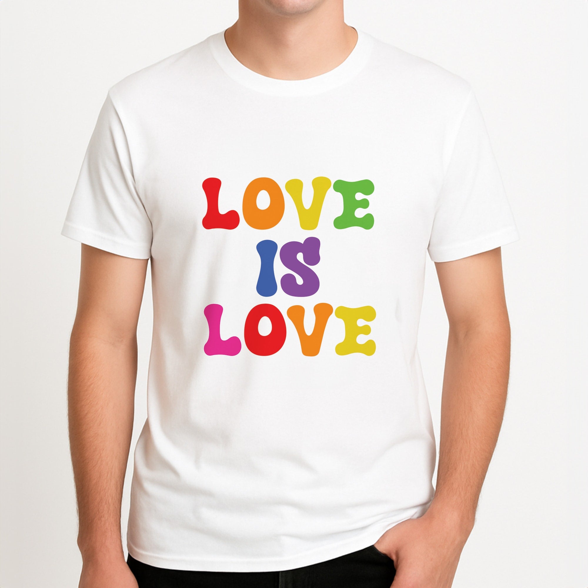 Love Is Love - Pride Unisex T-Shirt, worn by a male model.